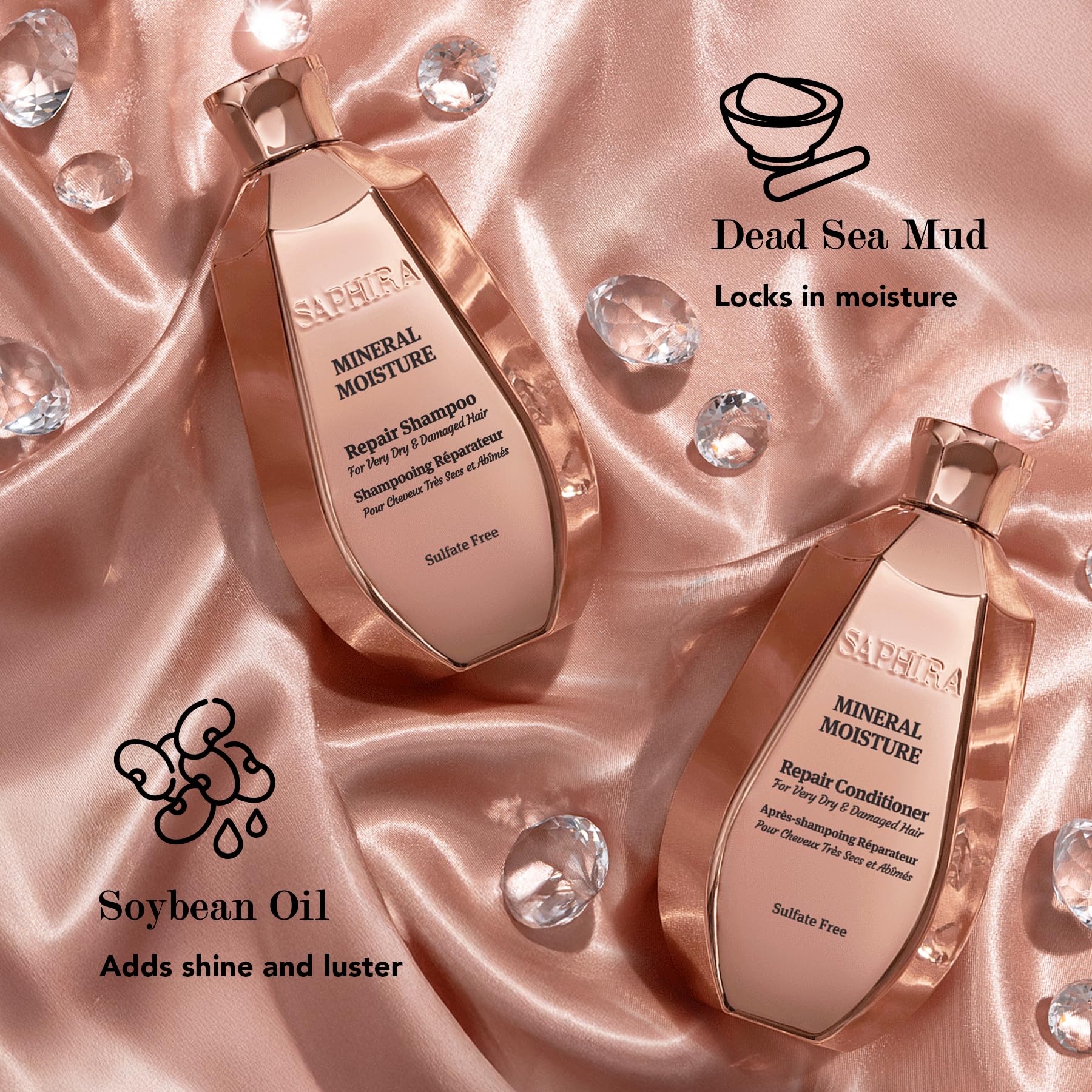 Saphira Mineral Moisture Repair Shampoo lather close-up ready for daily use.