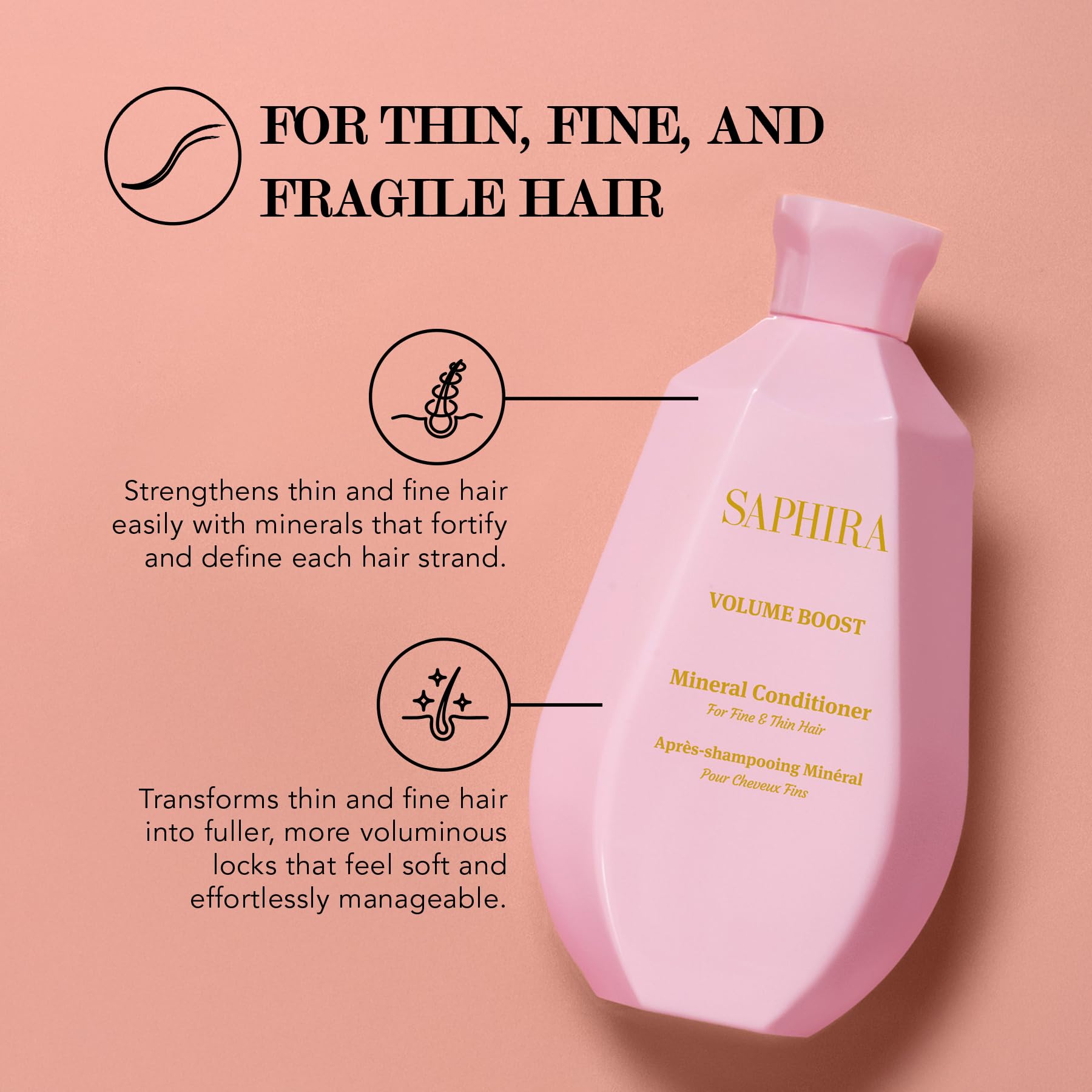 Saphira Volume Boost Conditioner pump-top view emphasizes easy dispensing