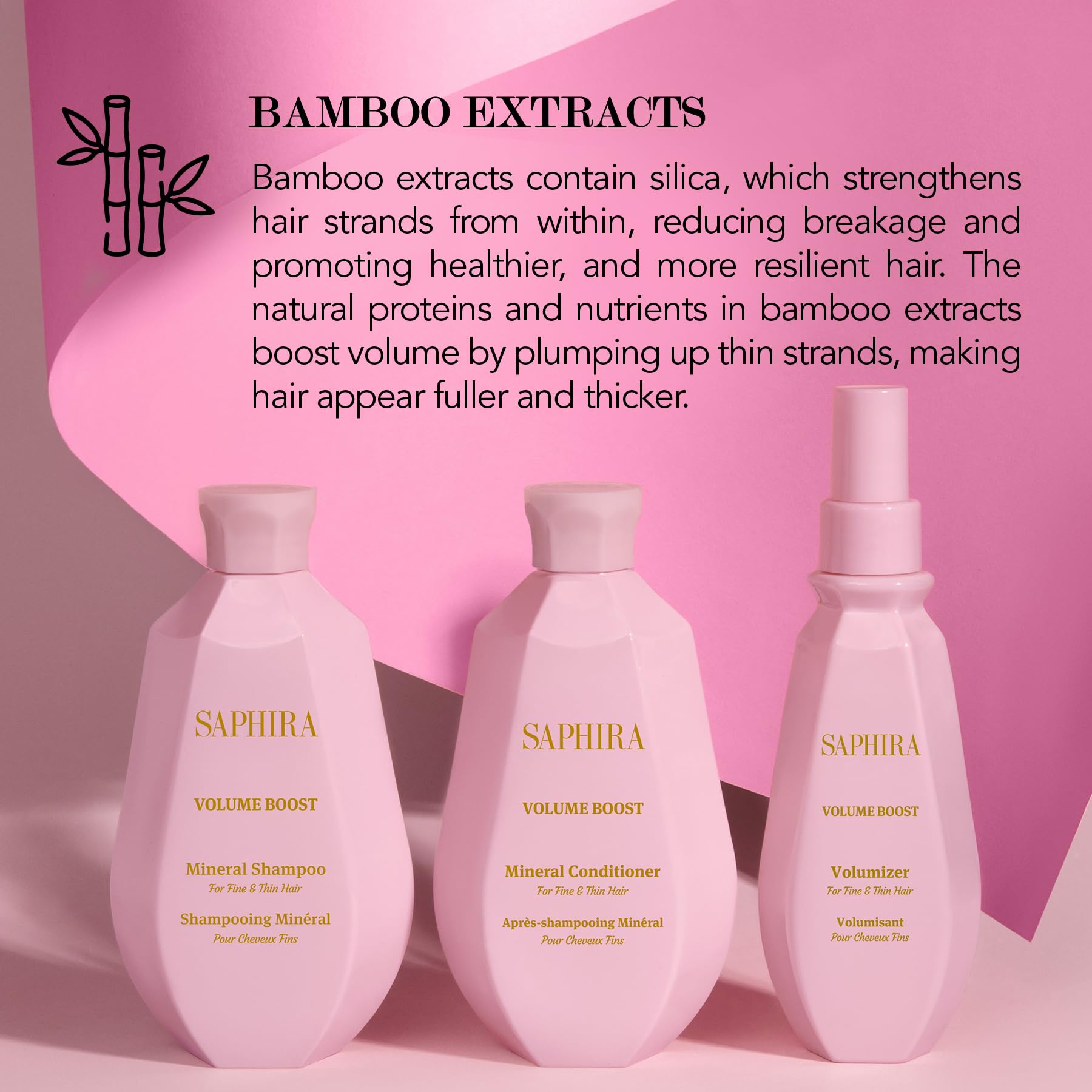 Saphira Volume Boost ingredients panel hints at nourishing care.