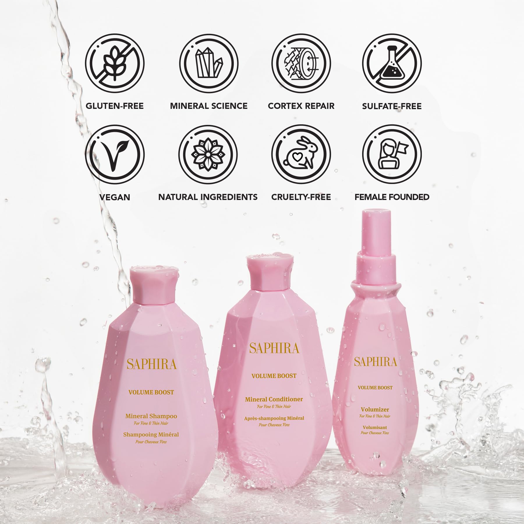 Saphira Volume Boost packaging closeup conveys clean, premium formulation.