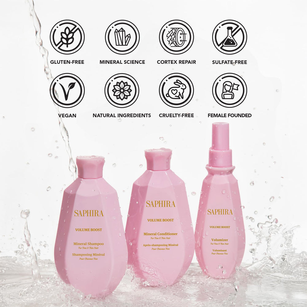 Saphira Volume Boost packaging closeup conveys clean, premium formulation.