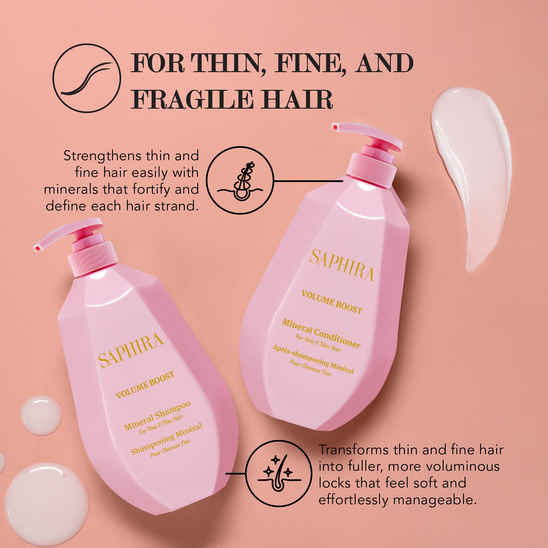Saphira Volume Boost Shampoo 1L label close-up highlights a clean, refreshing formula for daily use.