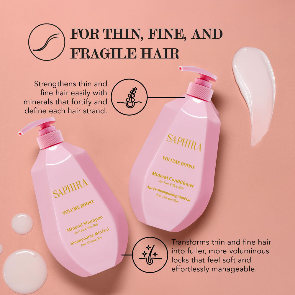 Saphira Volume Boost Shampoo 1L label close-up highlights a clean, refreshing formula for daily use.