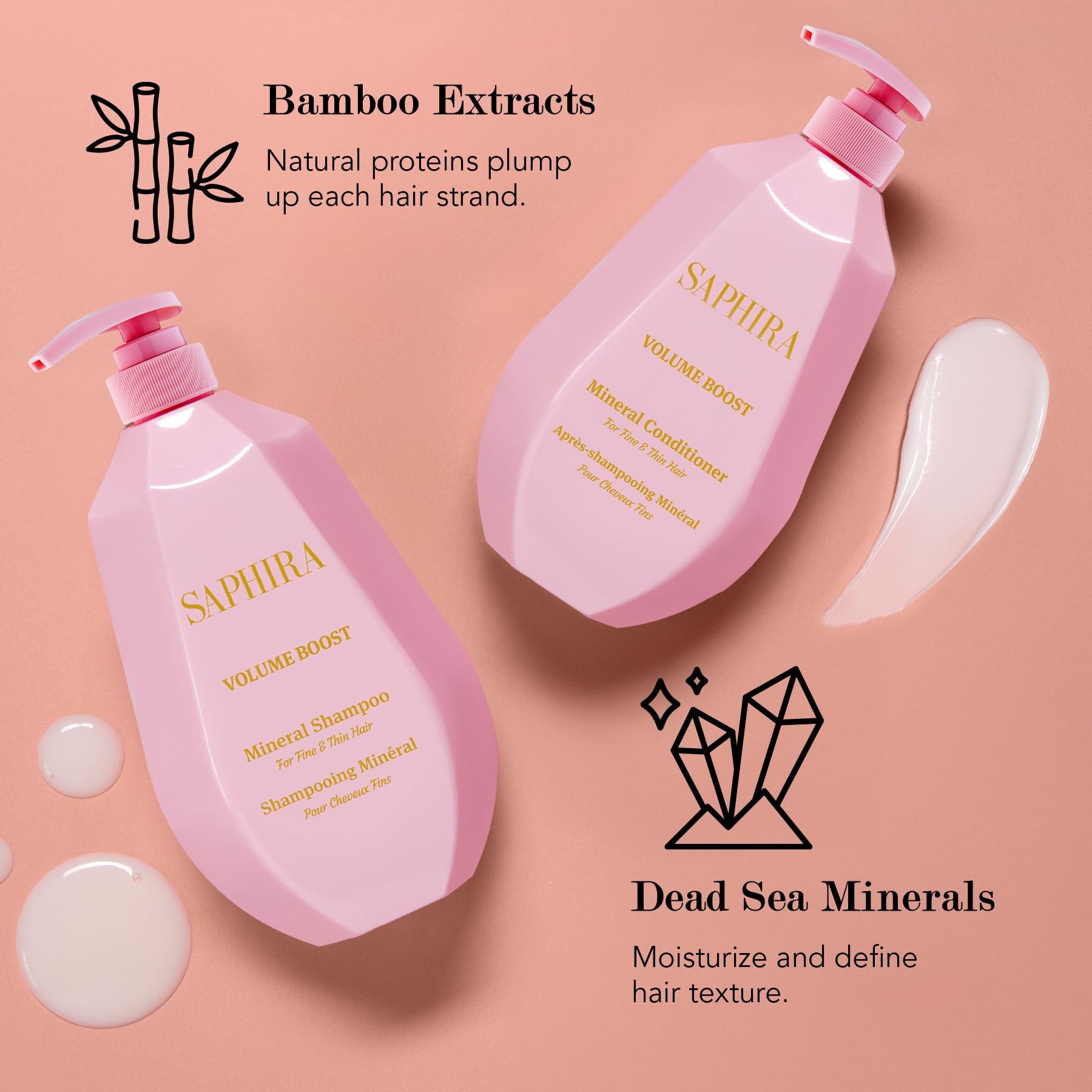 Saphira Volume Boost Shampoo 1L pump close-up shows convenient, mess-free dispensing.