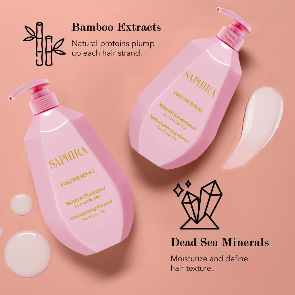 Saphira Volume Boost Shampoo 1L pump close-up shows convenient, mess-free dispensing.