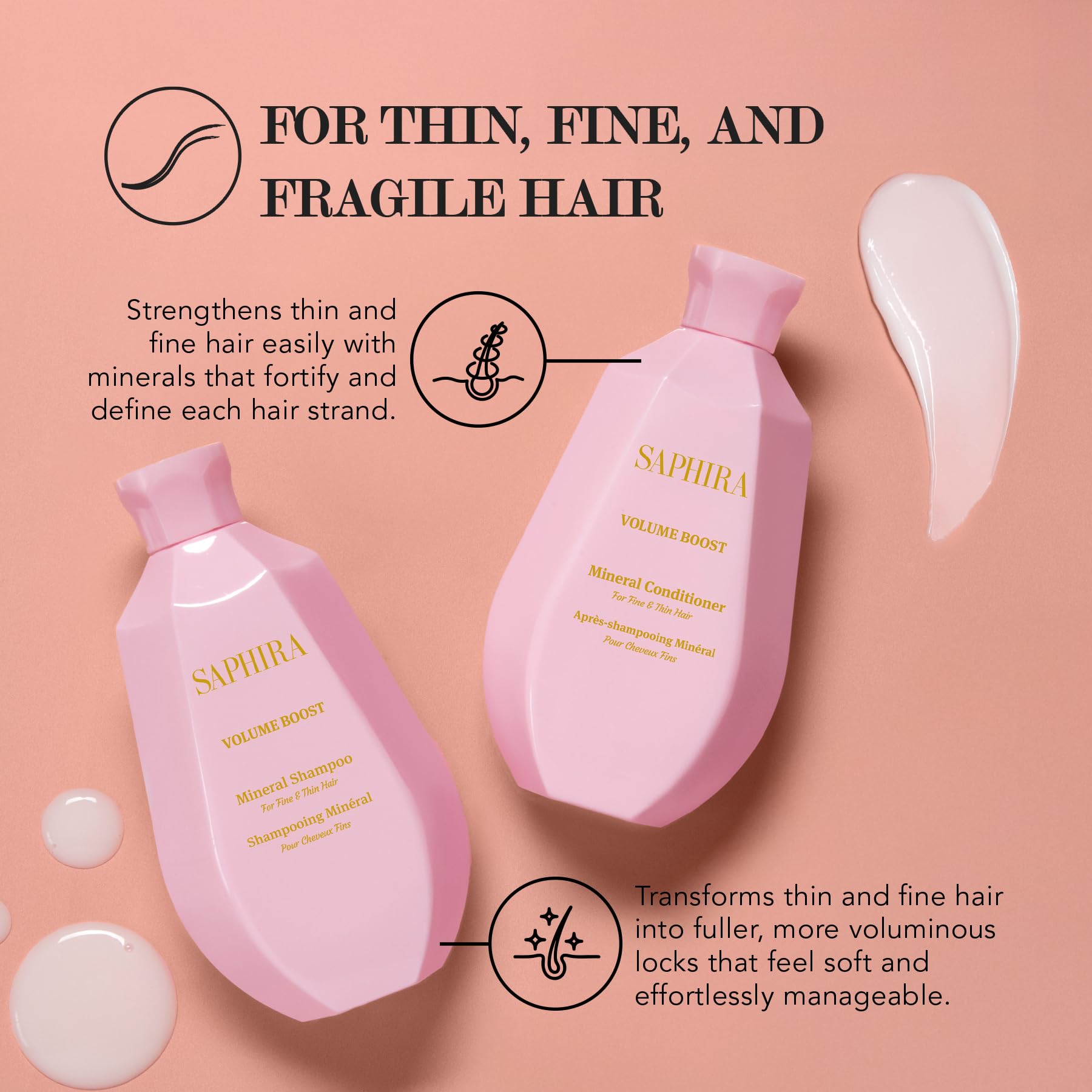 Saphira Volume Boost Shampoo lather highlights gentle cleansing and body.