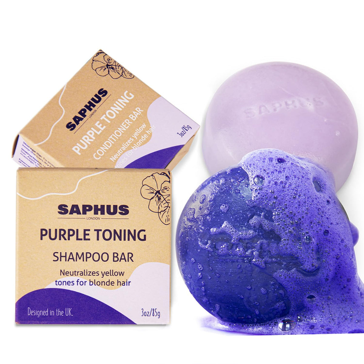 SAPHUS purple shampoo bar closeup for brassy tones neutralization and bright blonde results.