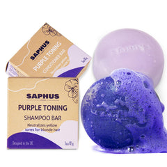 SAPHUS purple shampoo bar closeup for brassy tones neutralization and bright blonde results.