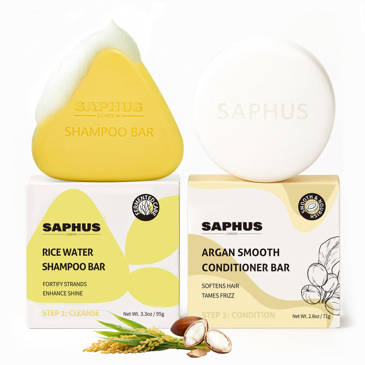 SAPHUS Rice Water Shampoo Bar showing foamy lather for gentle cleansing.