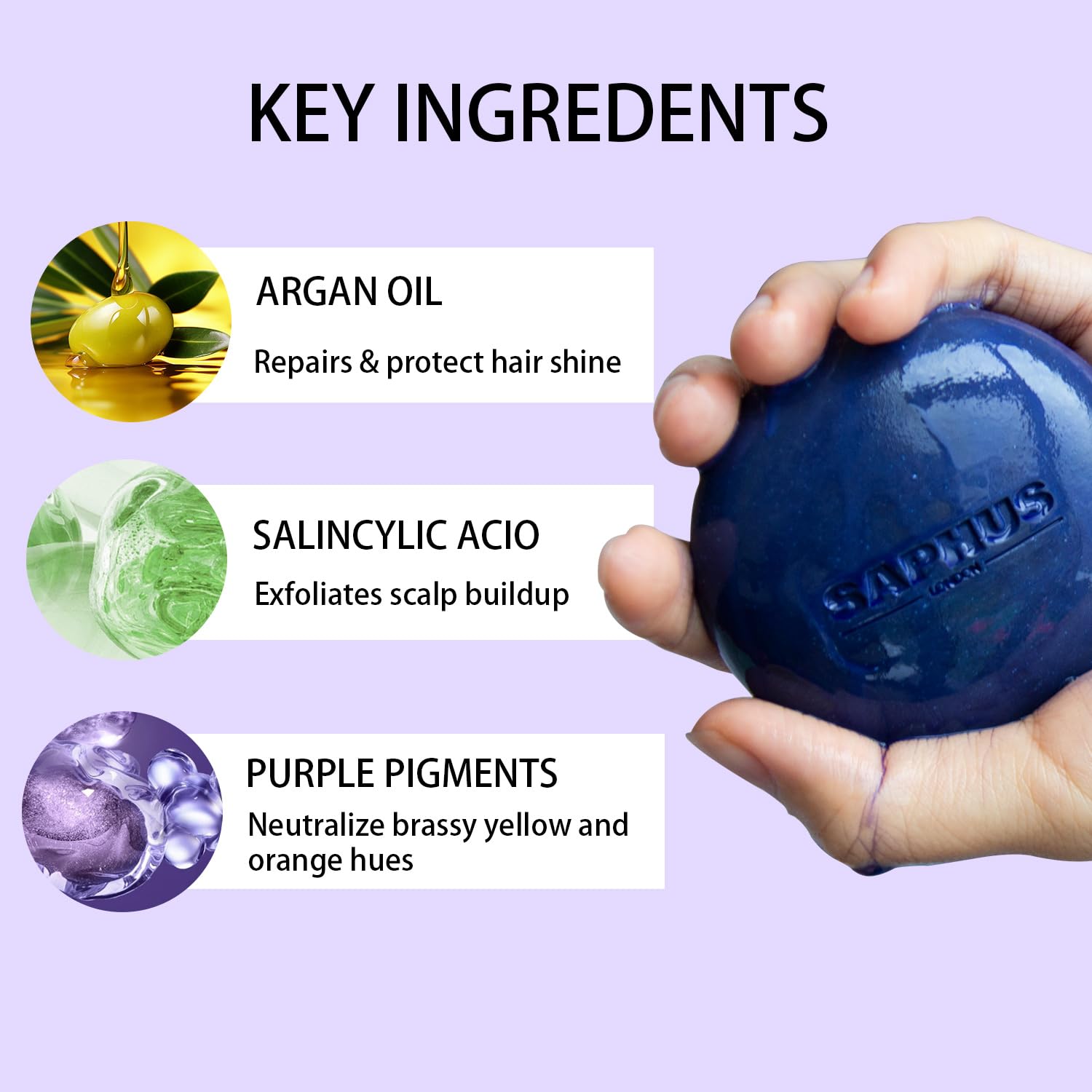SAPHUS shampoo bar on shelf, sulfate-free cleansing for sensitive scalps.