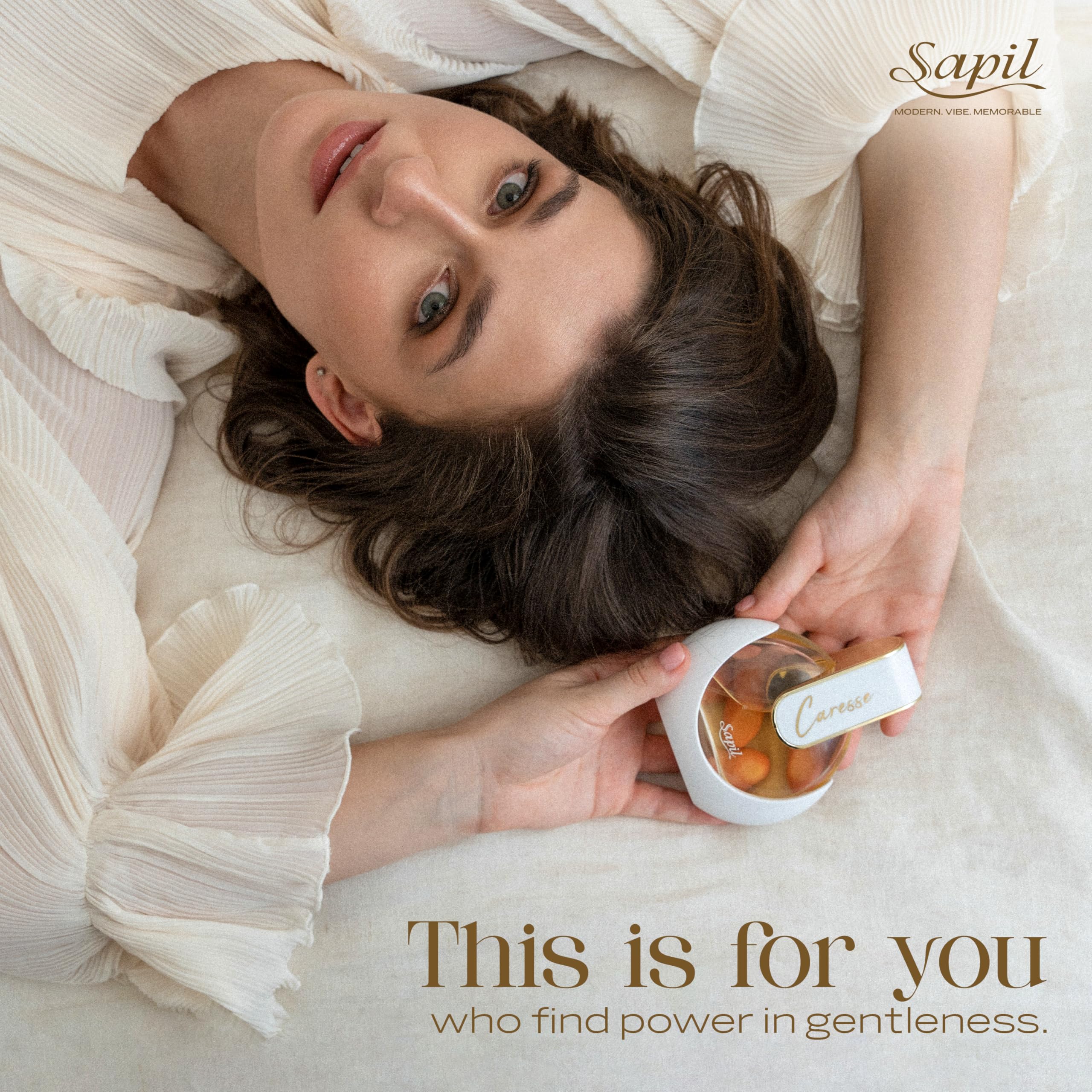 Sapil Caresse front label detail emphasizes a clean fragrance.