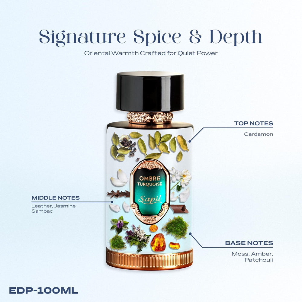 Sapil Ombre Turquoise cardamom-top note signals a fresh, confident opening.