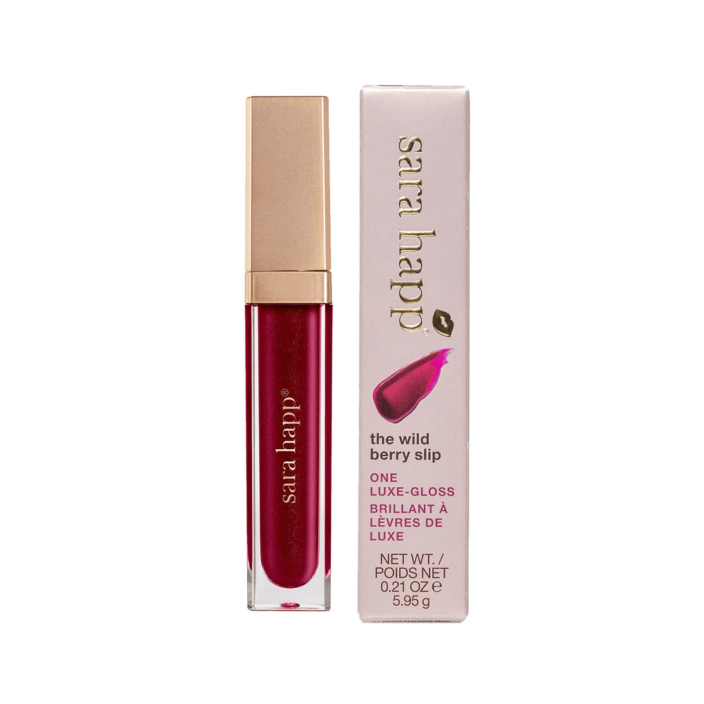Sara Happ Wild Berry Slip Luxe Gloss close-up with radiant hydration and shine