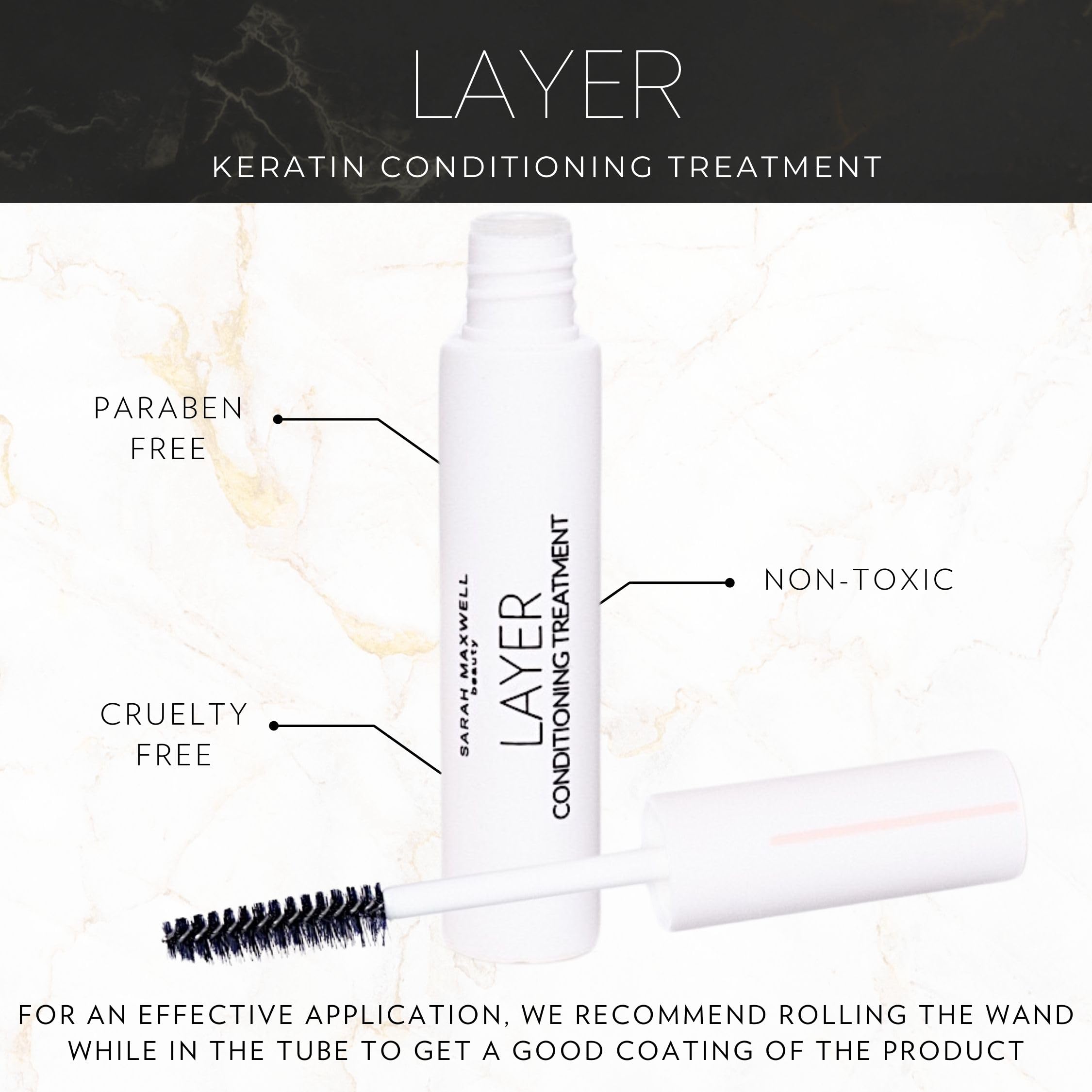 Sarah Maxwell Layer Keratin Conditioning Treatment brow gel swatch showing natural hold.