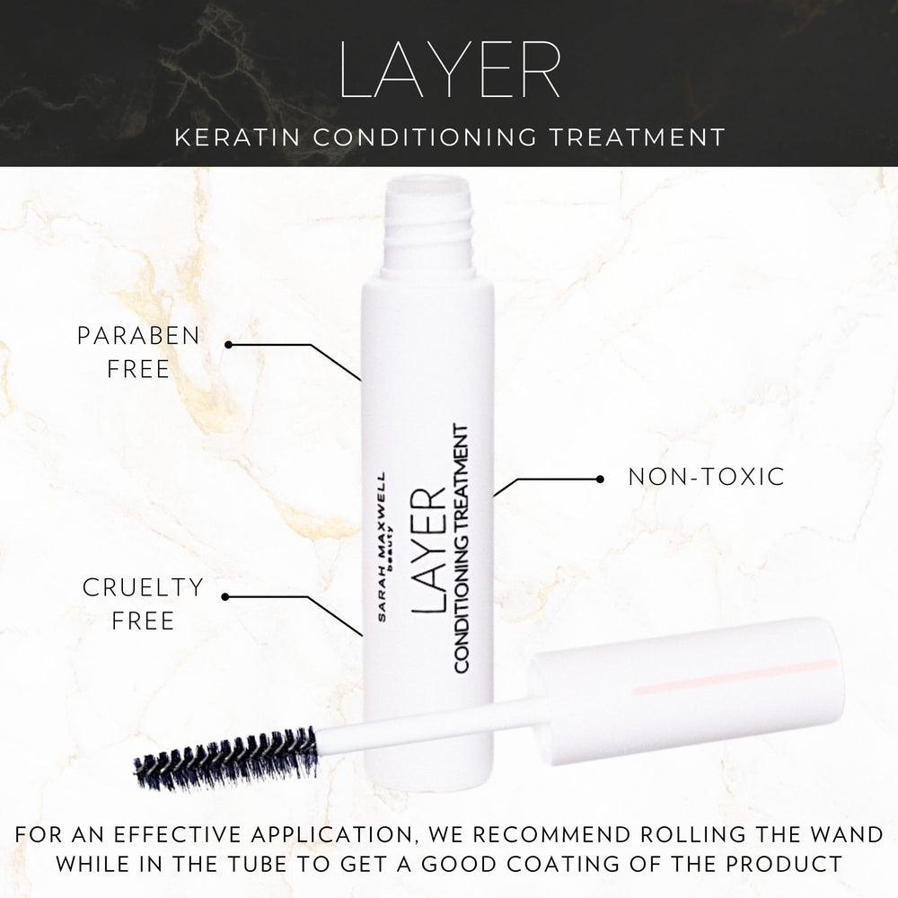 Sarah Maxwell Layer Keratin Conditioning Treatment brow gel swatch showing natural hold.