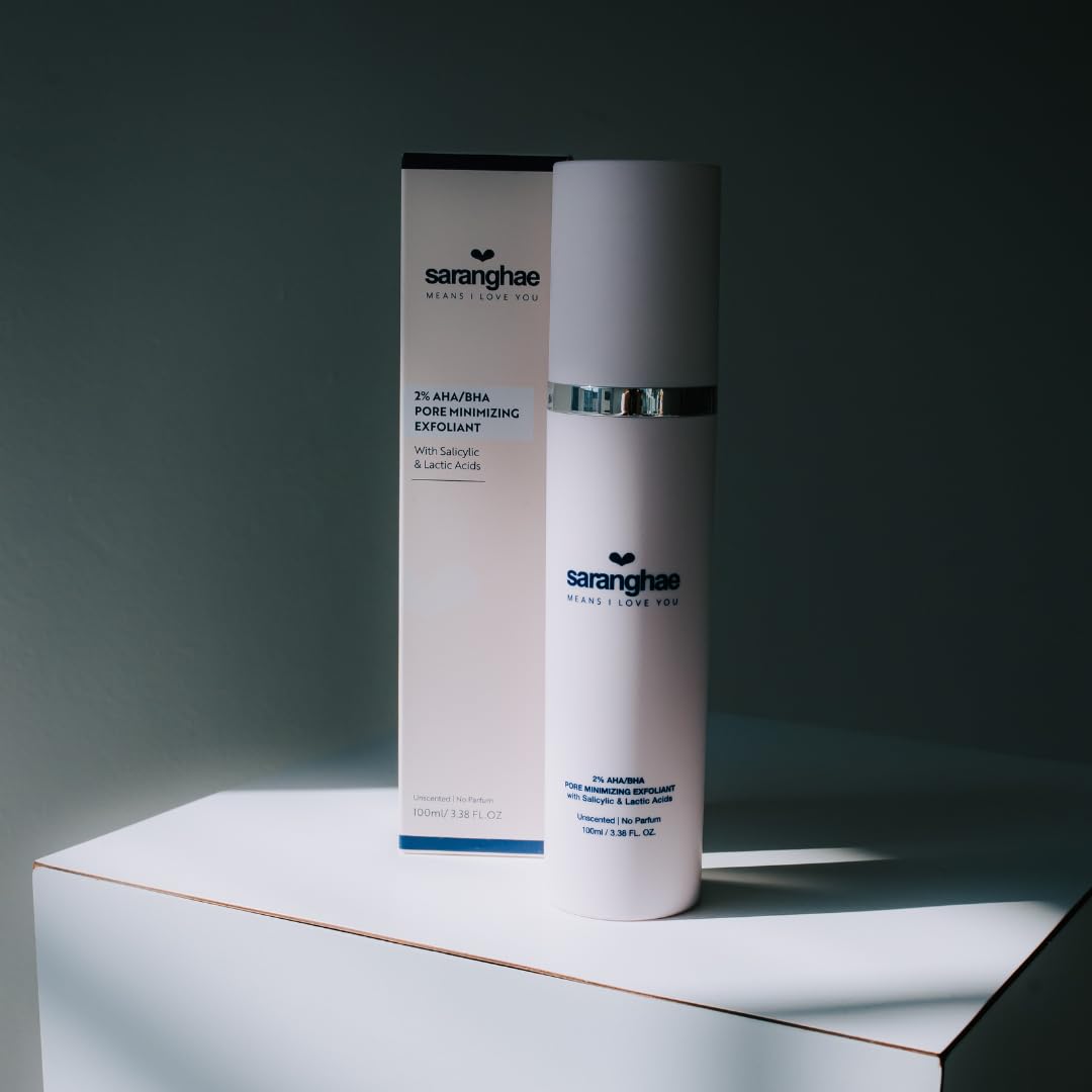 Close-up of Saranghae Love Exfoliant bottle showing fragrance-free formula