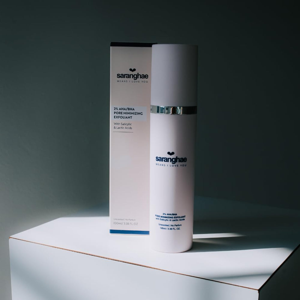 Close-up of Saranghae Love Exfoliant bottle showing fragrance-free formula
