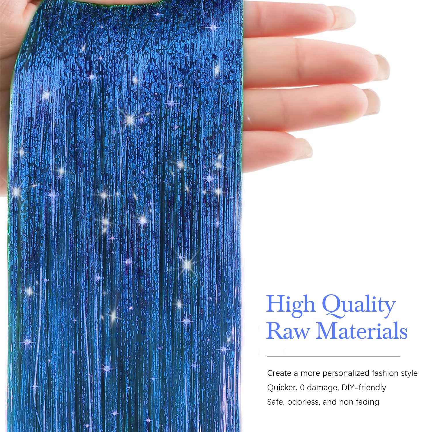 50-inch sapphire blue Sarannala tinsel catches light for festive looks