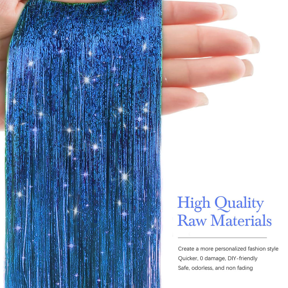 50-inch sapphire blue Sarannala tinsel catches light for festive looks
