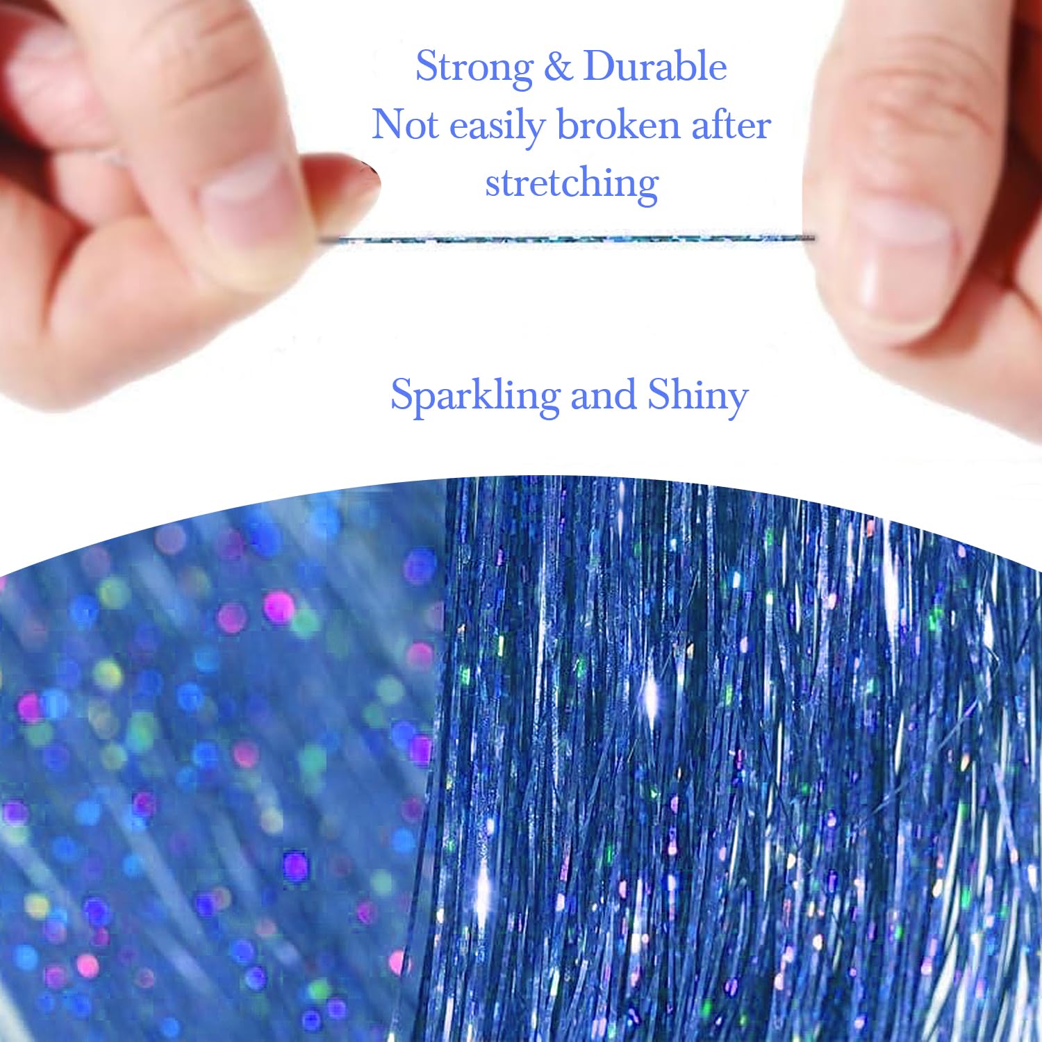 Close-up of sapphire blue tinsel foil on Sarannala hair extensions