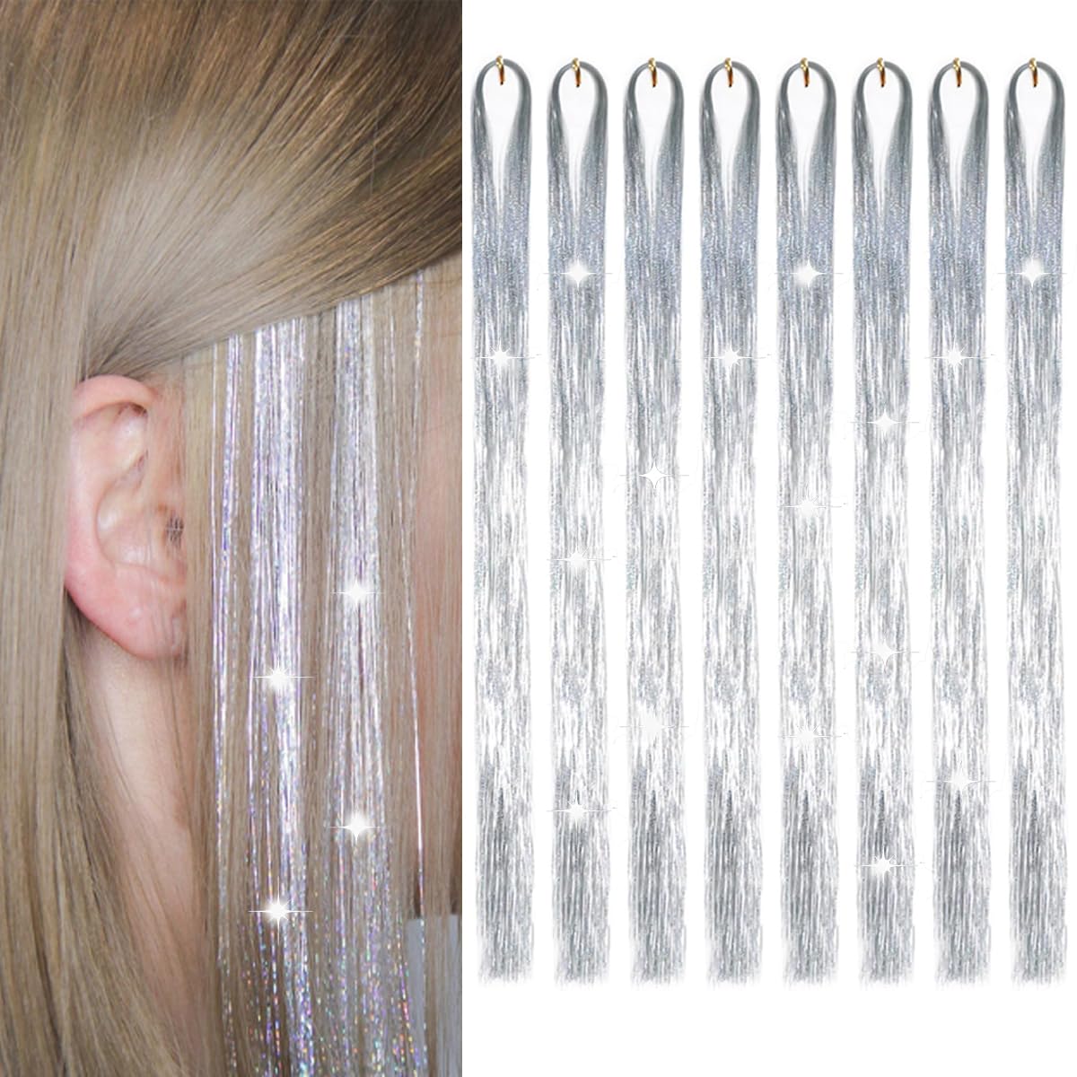 Sarannala Hair Tinsel 50-inch Silver adds sparkling length for events.