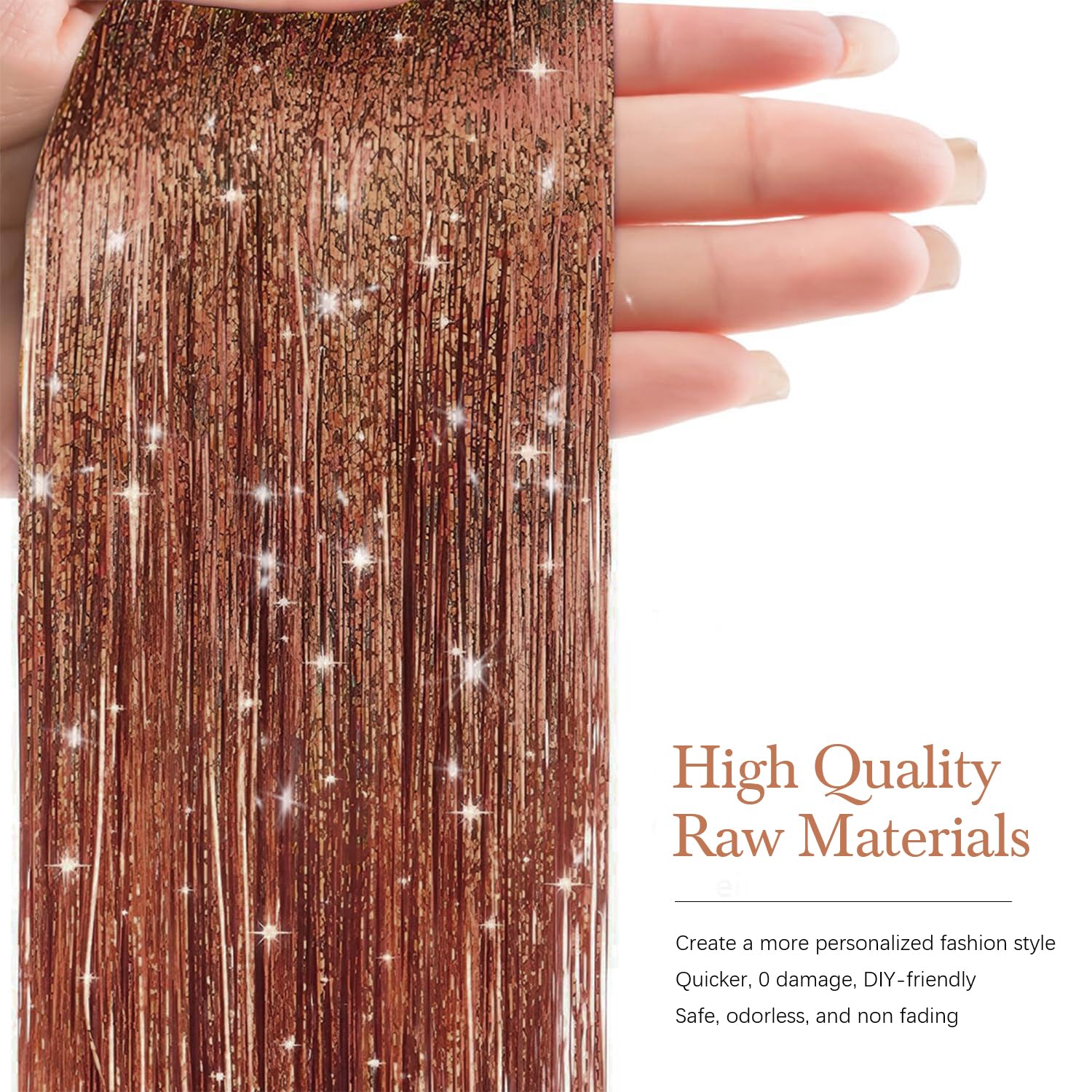 Close-up of Sarannala Brown tinsel strands showing shimmering glitter under light