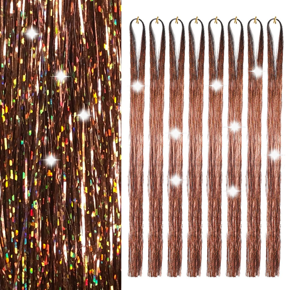 Sarannala Hair Tinsel 8-Pack packaging with brown strands for easy use and quick styling ideas
