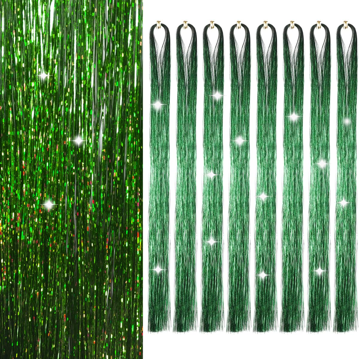 Sarannala Hair Tinsel Grass Green 50-Inch extensions add sparkling color to daily styling.