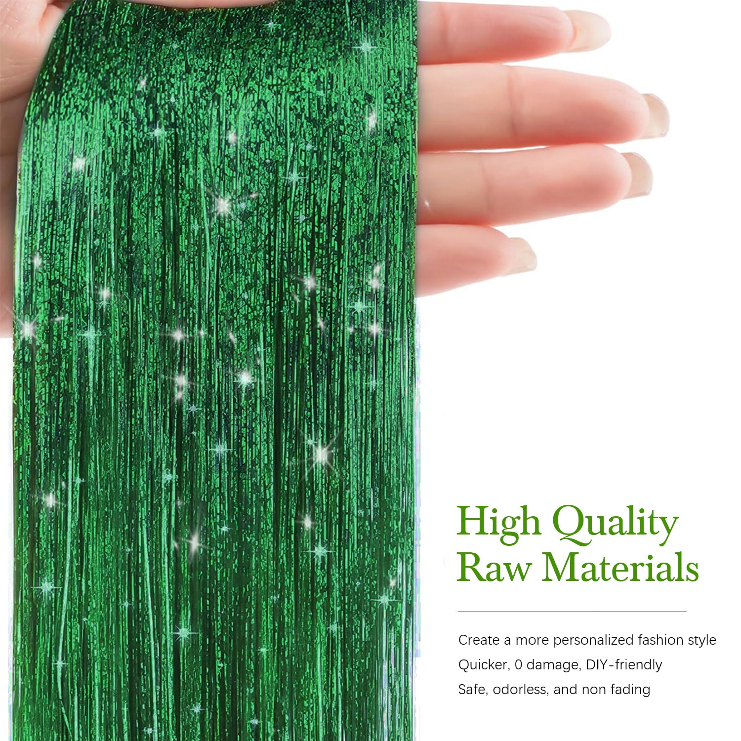 Sarannala Hair Tinsel Grass Green 50-Inch strands highlight festive looks.