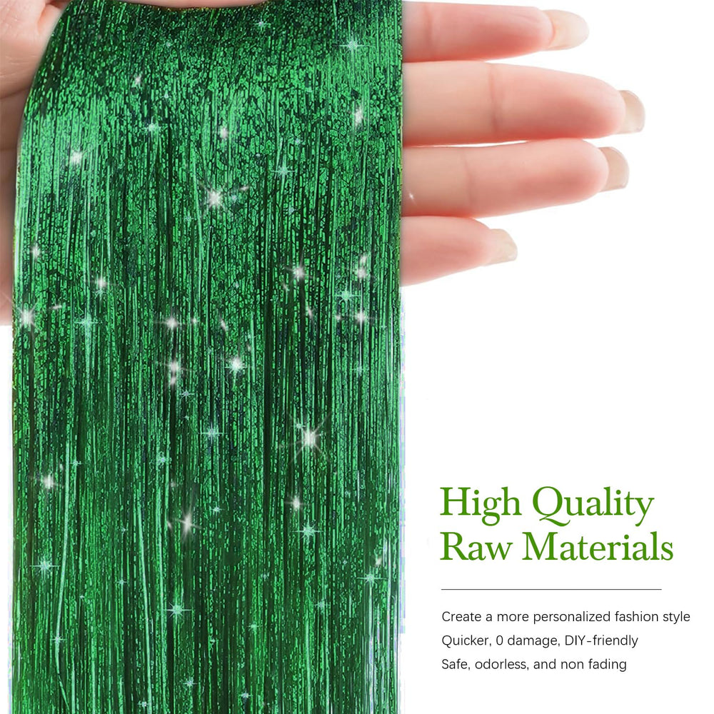 Sarannala Hair Tinsel Grass Green 50-Inch strands highlight festive looks.