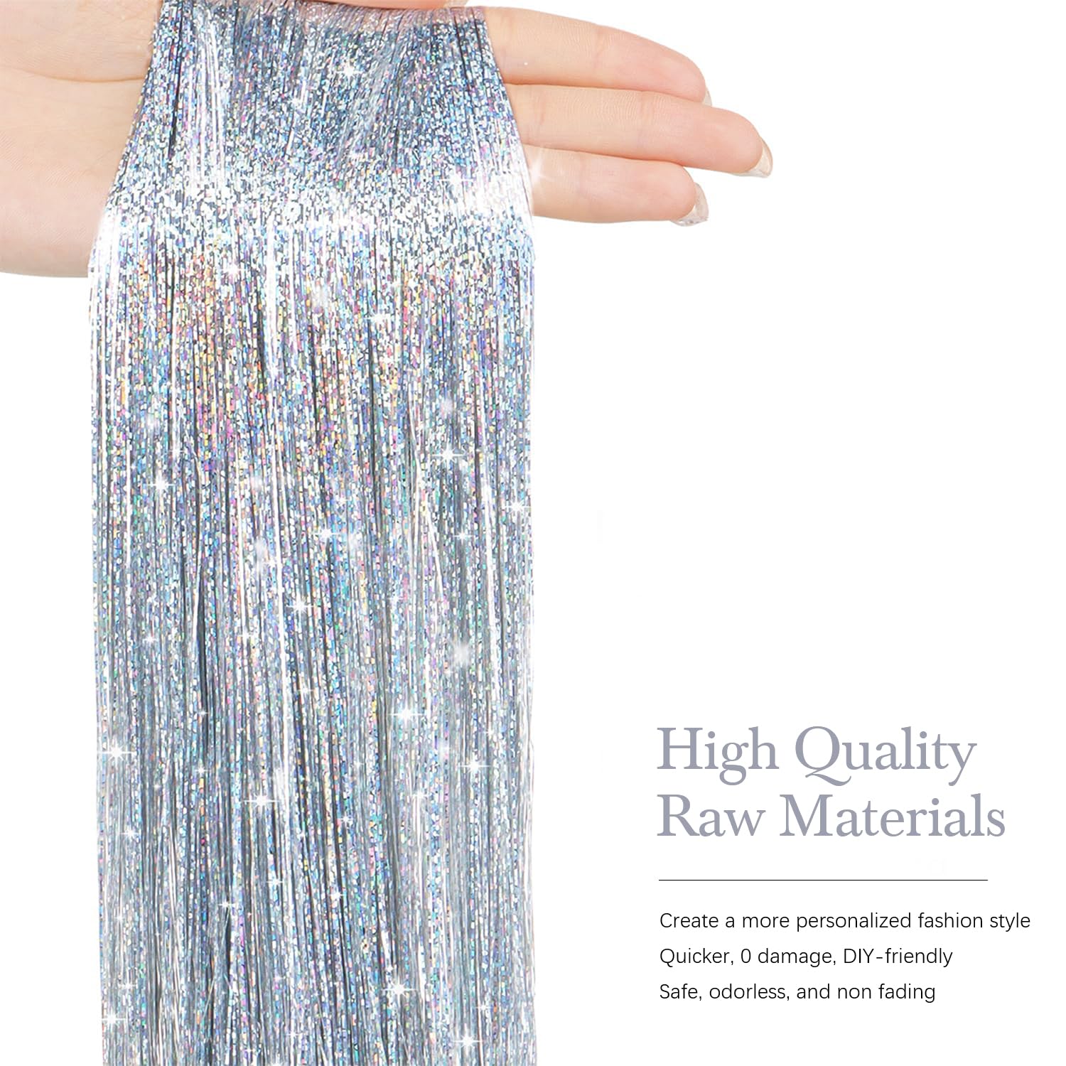Sarannala Hair Tinsel demonstrates simple application method for quick styling.