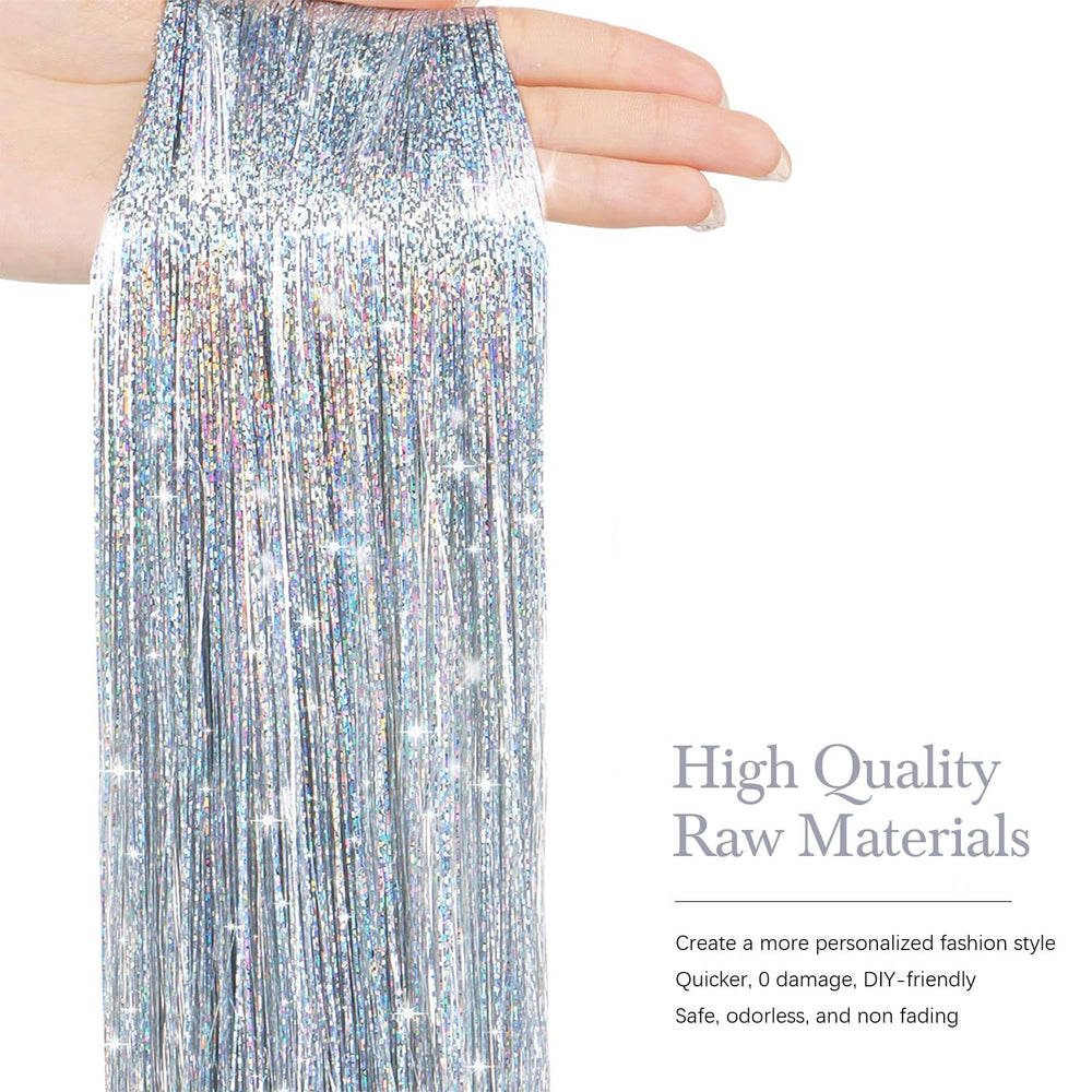 Sarannala Hair Tinsel demonstrates simple application method for quick styling.