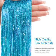 Sarannala Lake Blue tinsel closeup shows glittery strands catching light