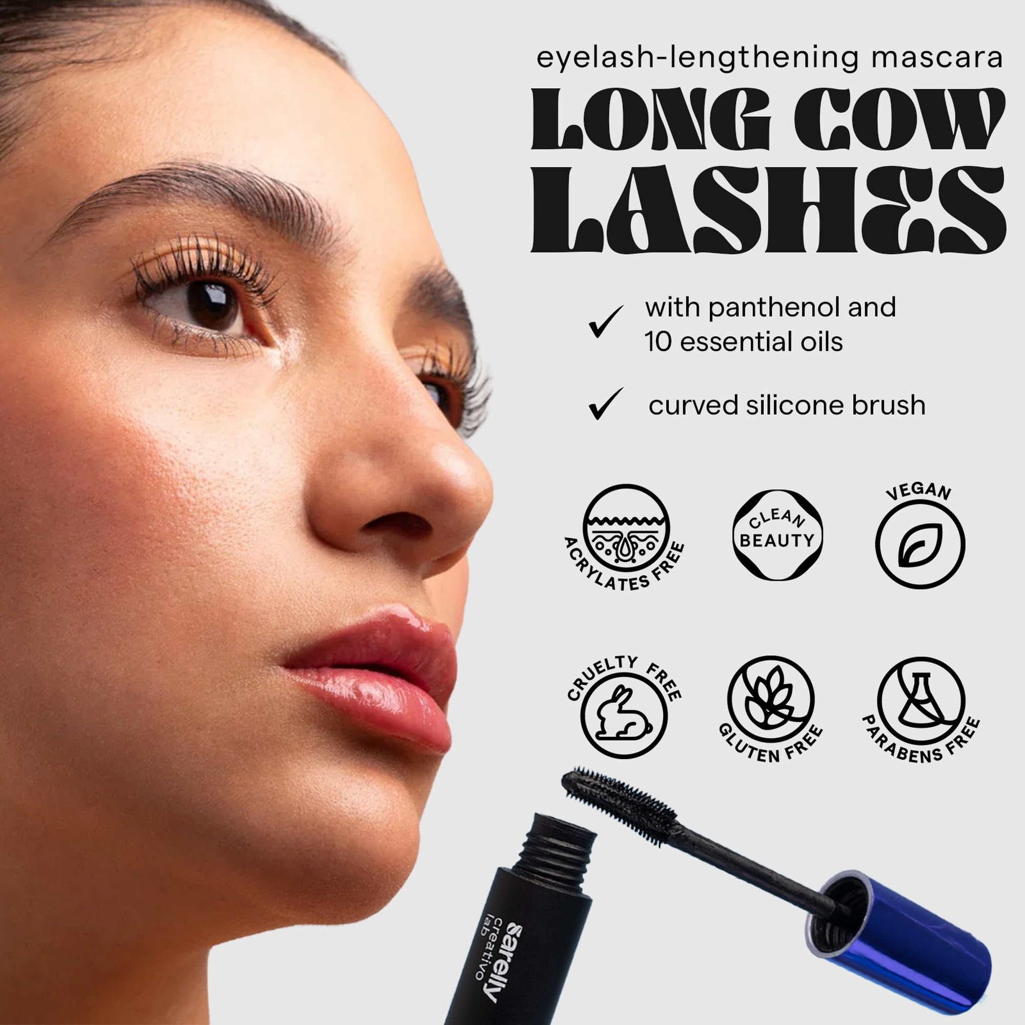 SARELLY waterproof mascara brush close-up showing smudge-proof design.