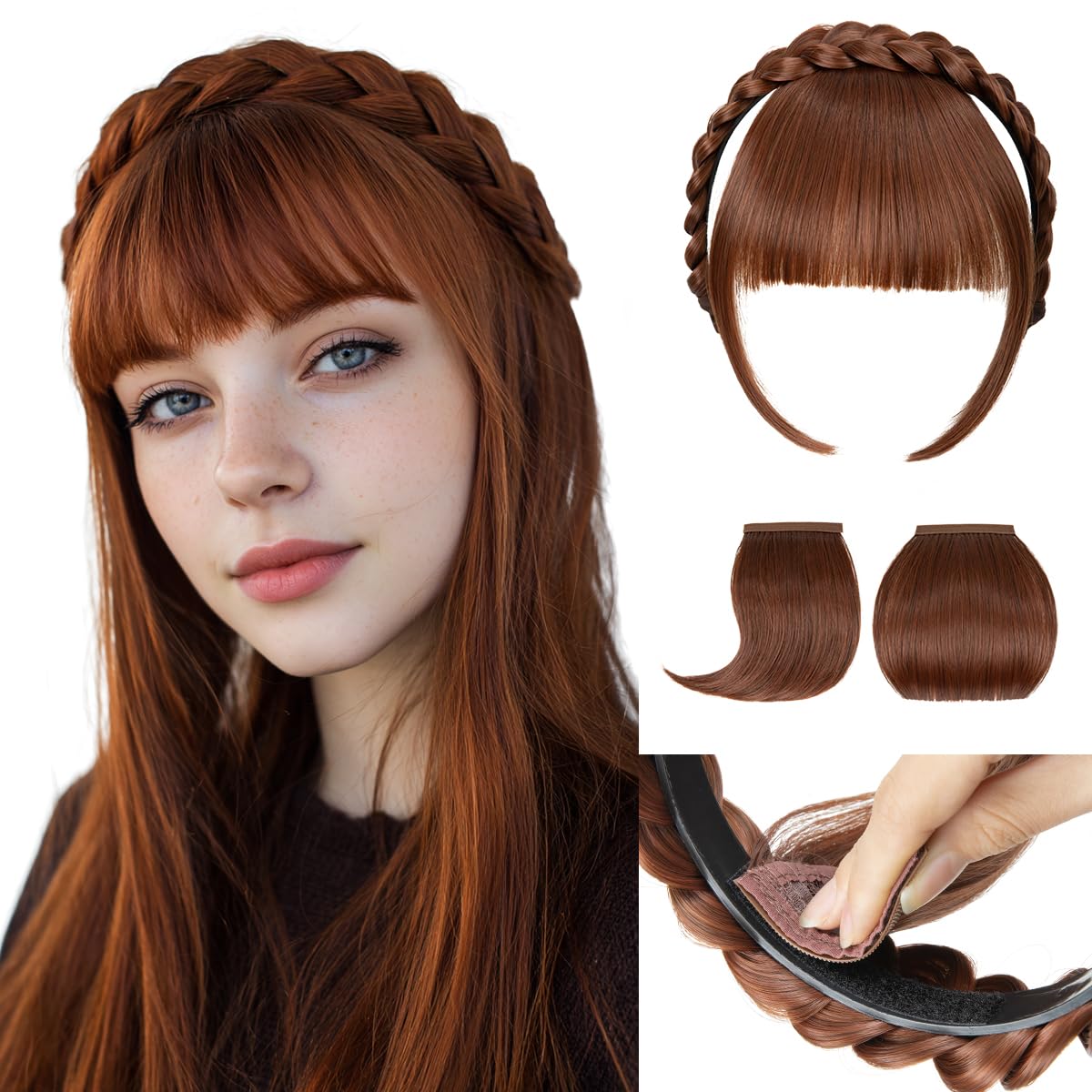 Sarla braided headband with red detachable bangs for versatile styling