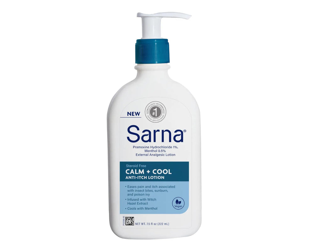 Sarna Calm + Cool bottle side view for portable, steroid-free comfort
