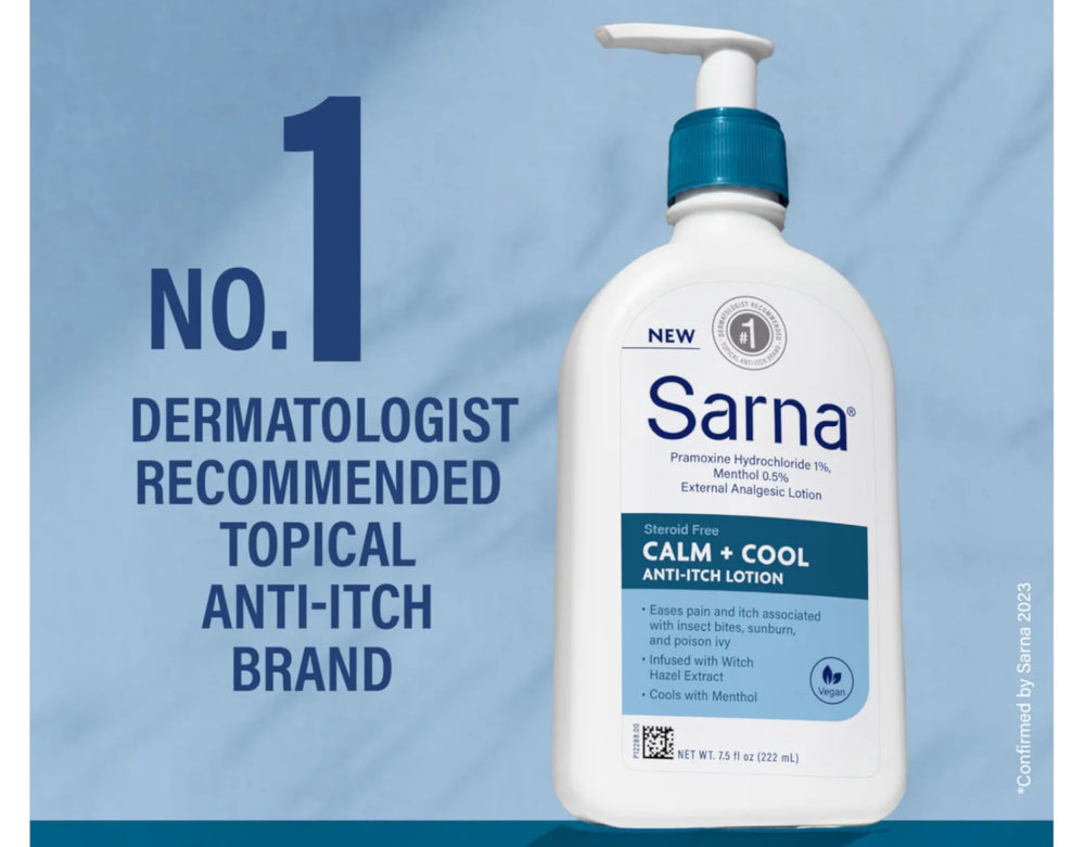 Sarna Calm + Cool close-up showing witch hazel and aloe ingredients