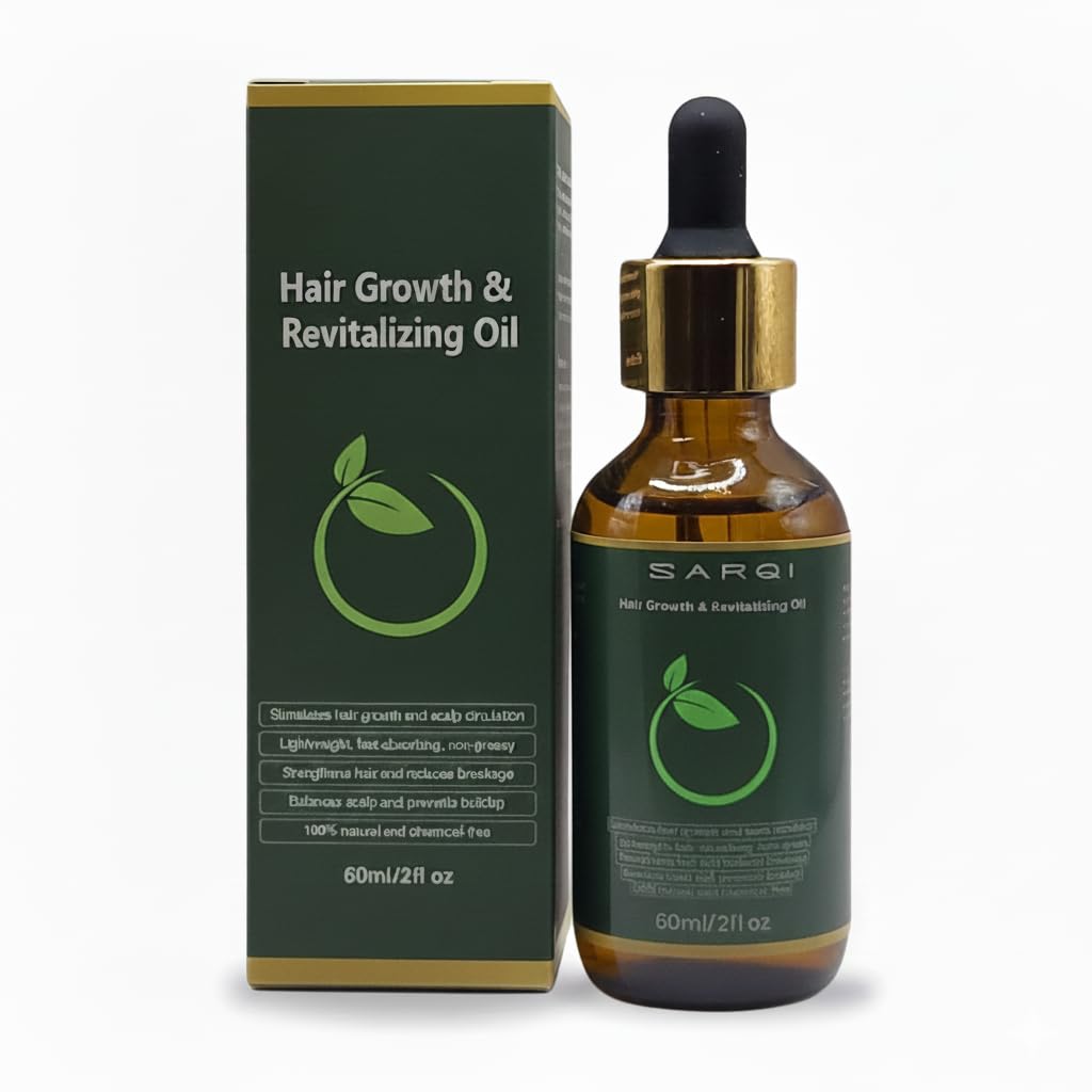 SARQI Hair Growth Oil bottle pour for fast absorption on the scalp.