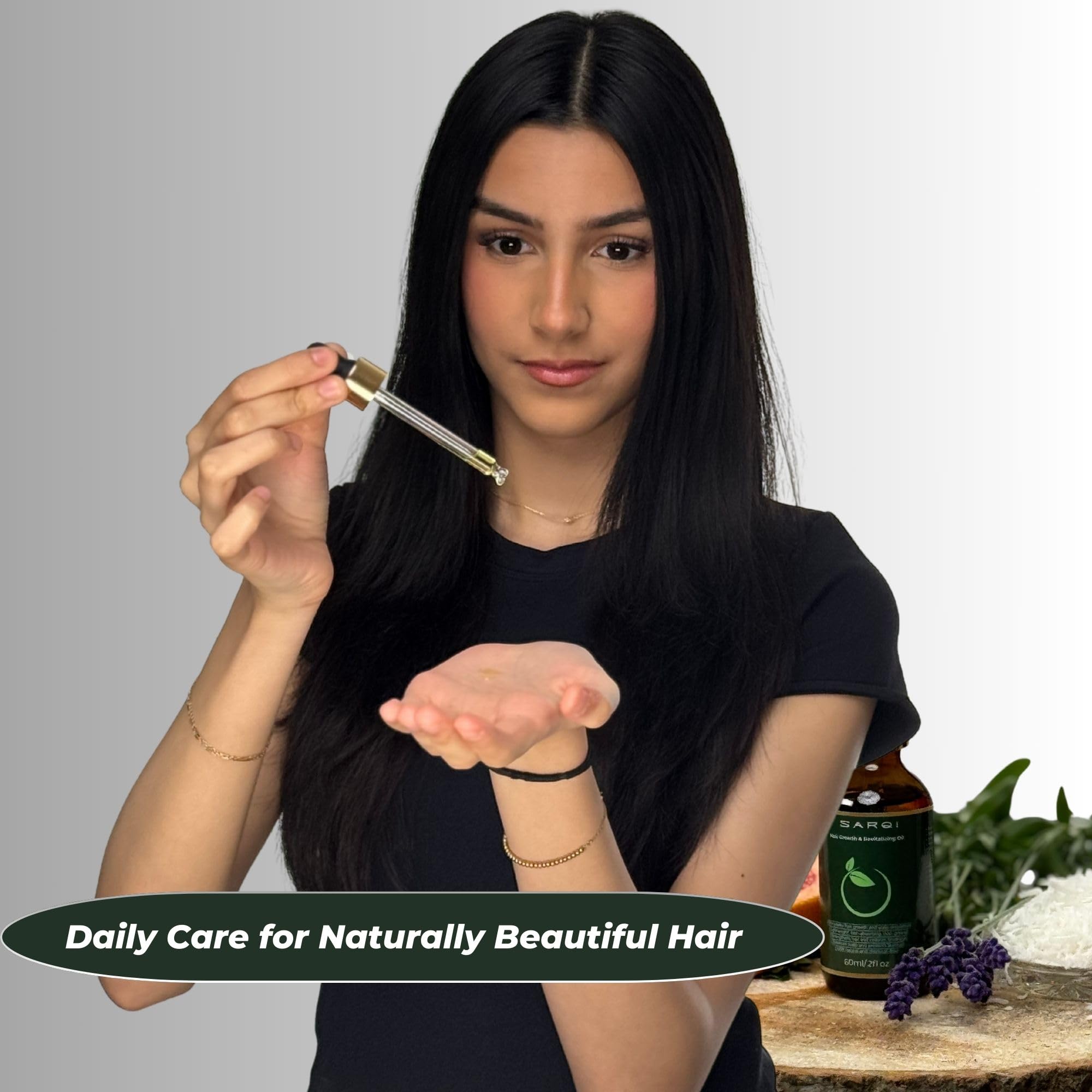 SARQI Hair Growth Oil with color-treated hair protection in use.