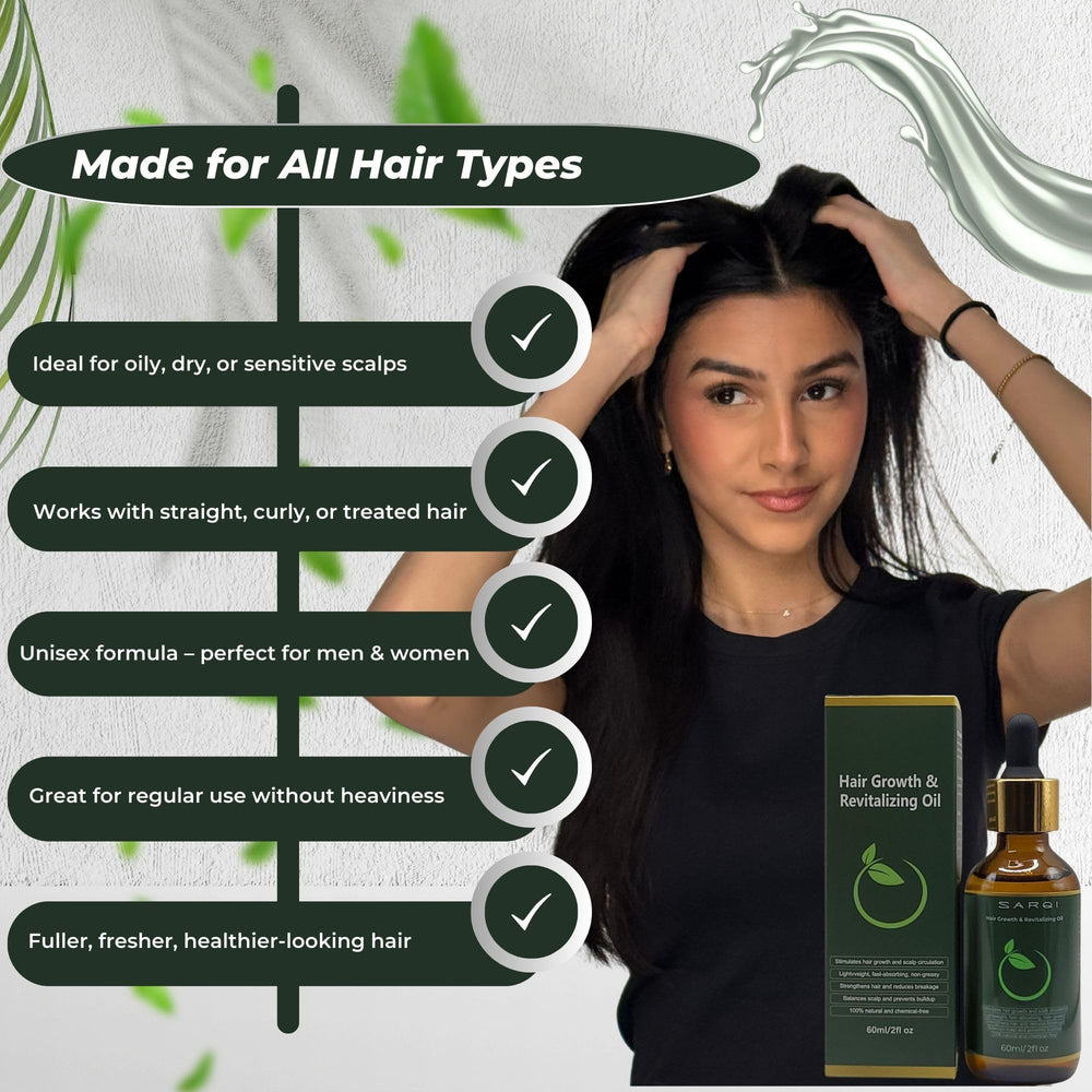 SARQI Hair Growth Oil ingredients: jojoba, coconut, grapeseed, argan, vitamin E.