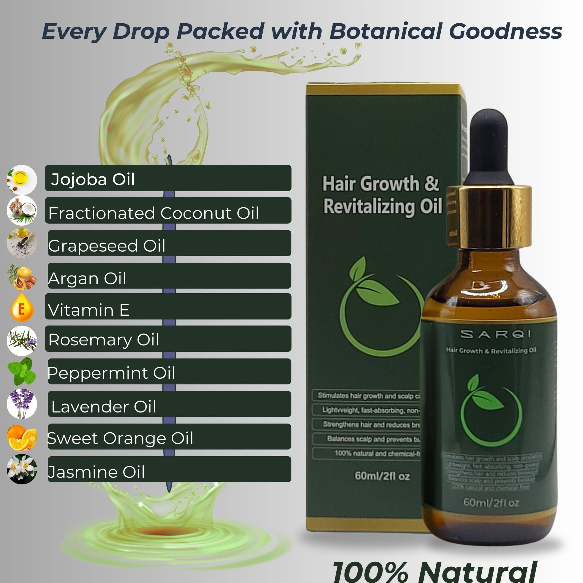 SARQI Hair Growth Oil label closeup highlighting natural ingredients.