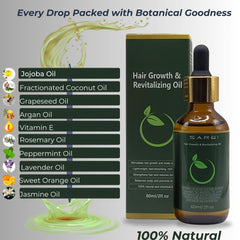 SARQI Hair Growth Oil label closeup highlighting natural ingredients.