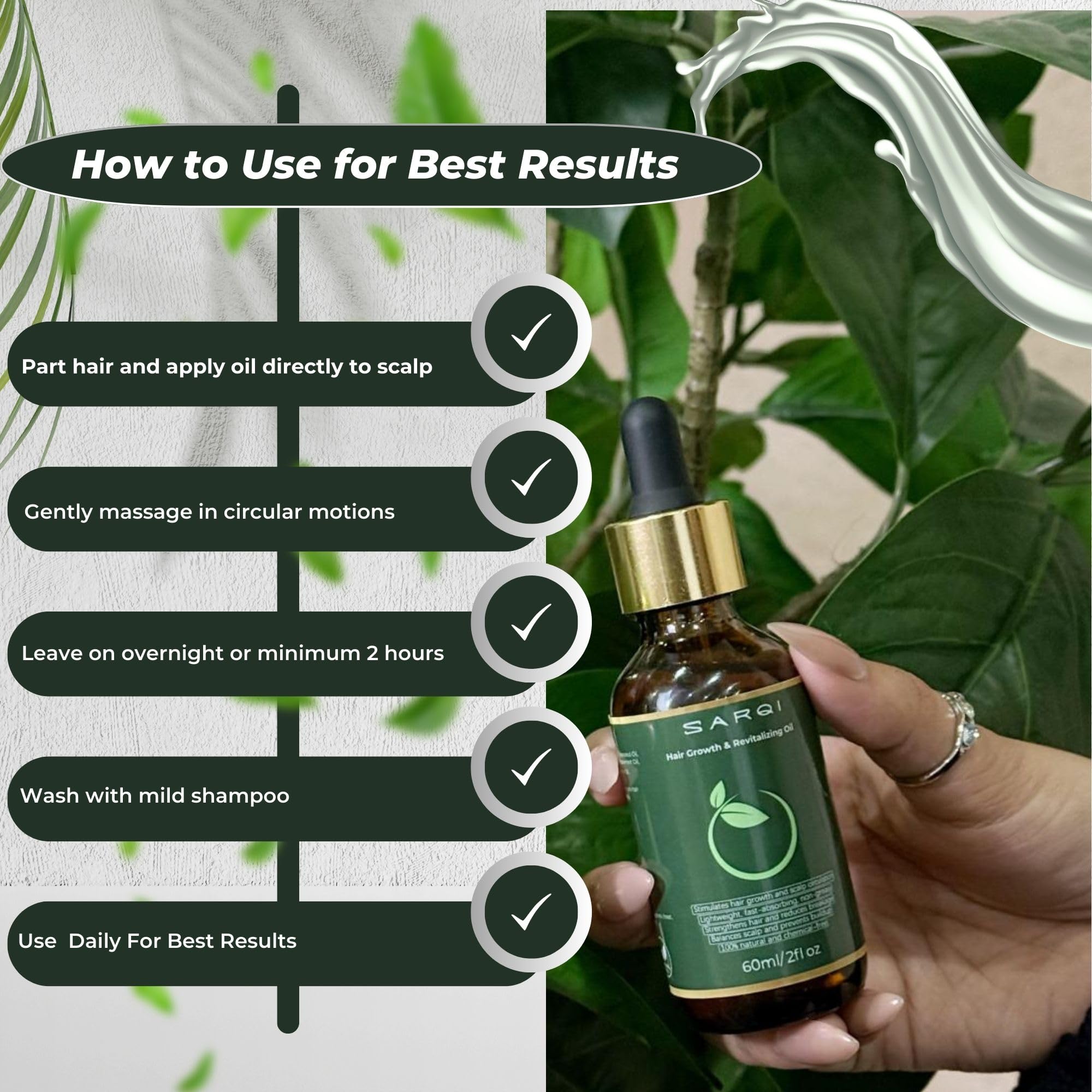 SARQI Hair Growth Oil on afro curls showing lightweight shine.