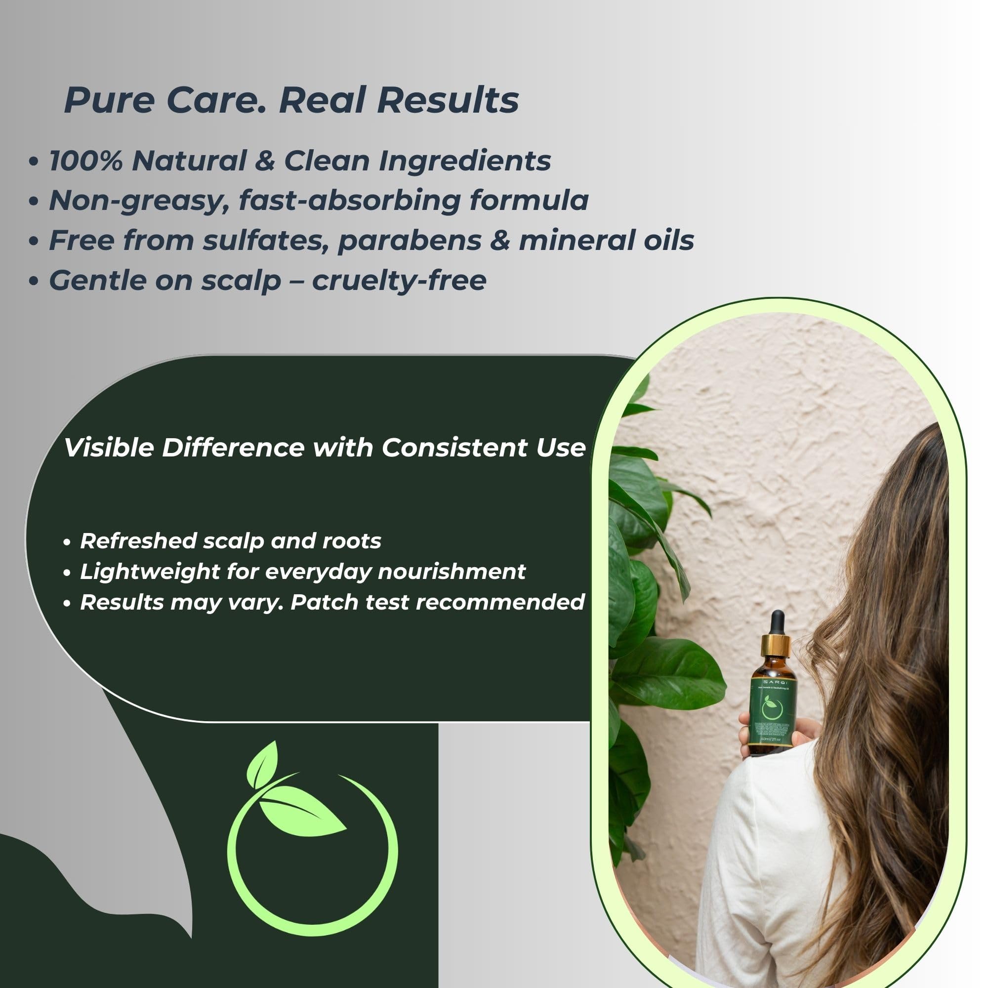 SARQI Hair Growth Oil massage on scalp during routine.