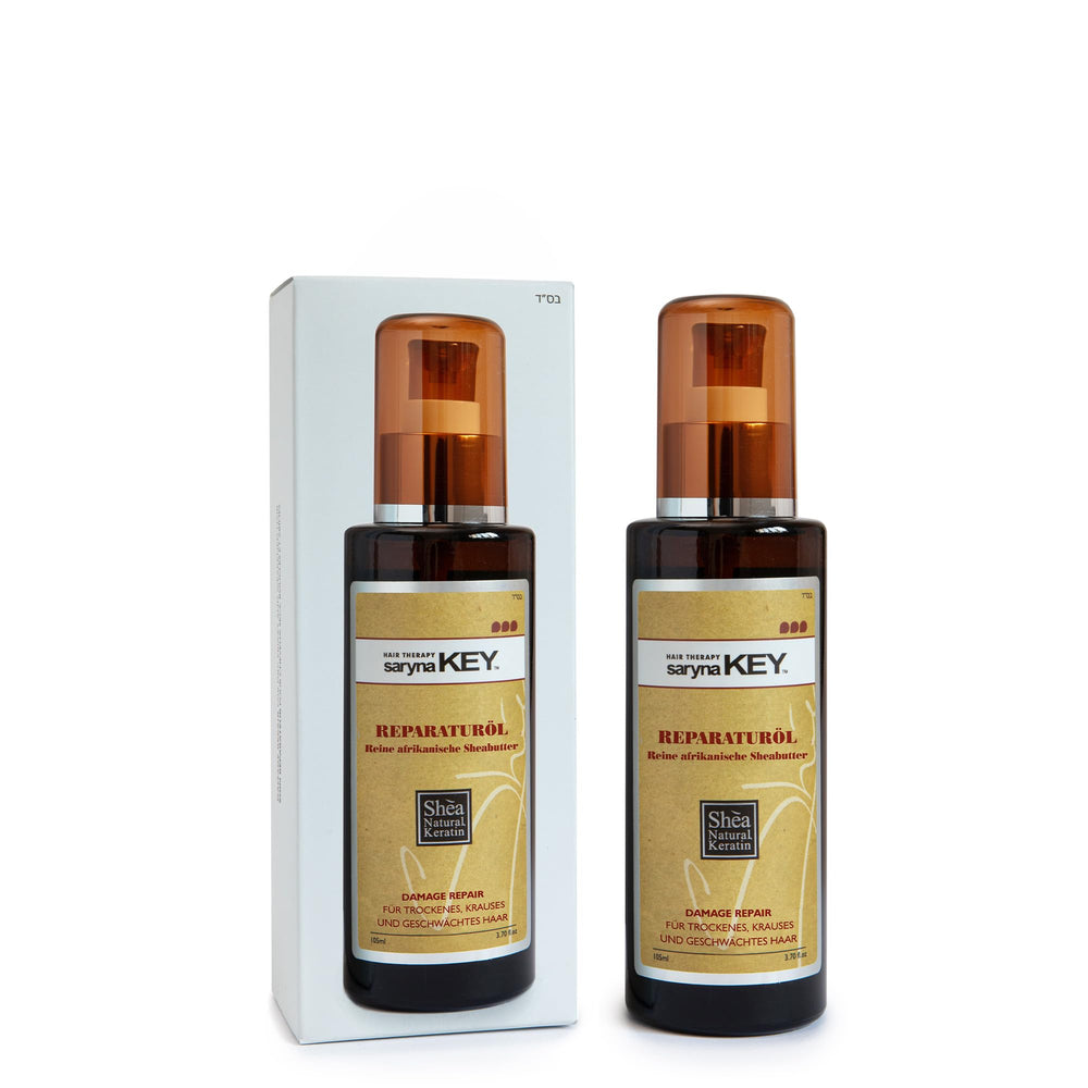 Saryna Key Repair Oil bottle close-up showing lightweight formula for damaged hair