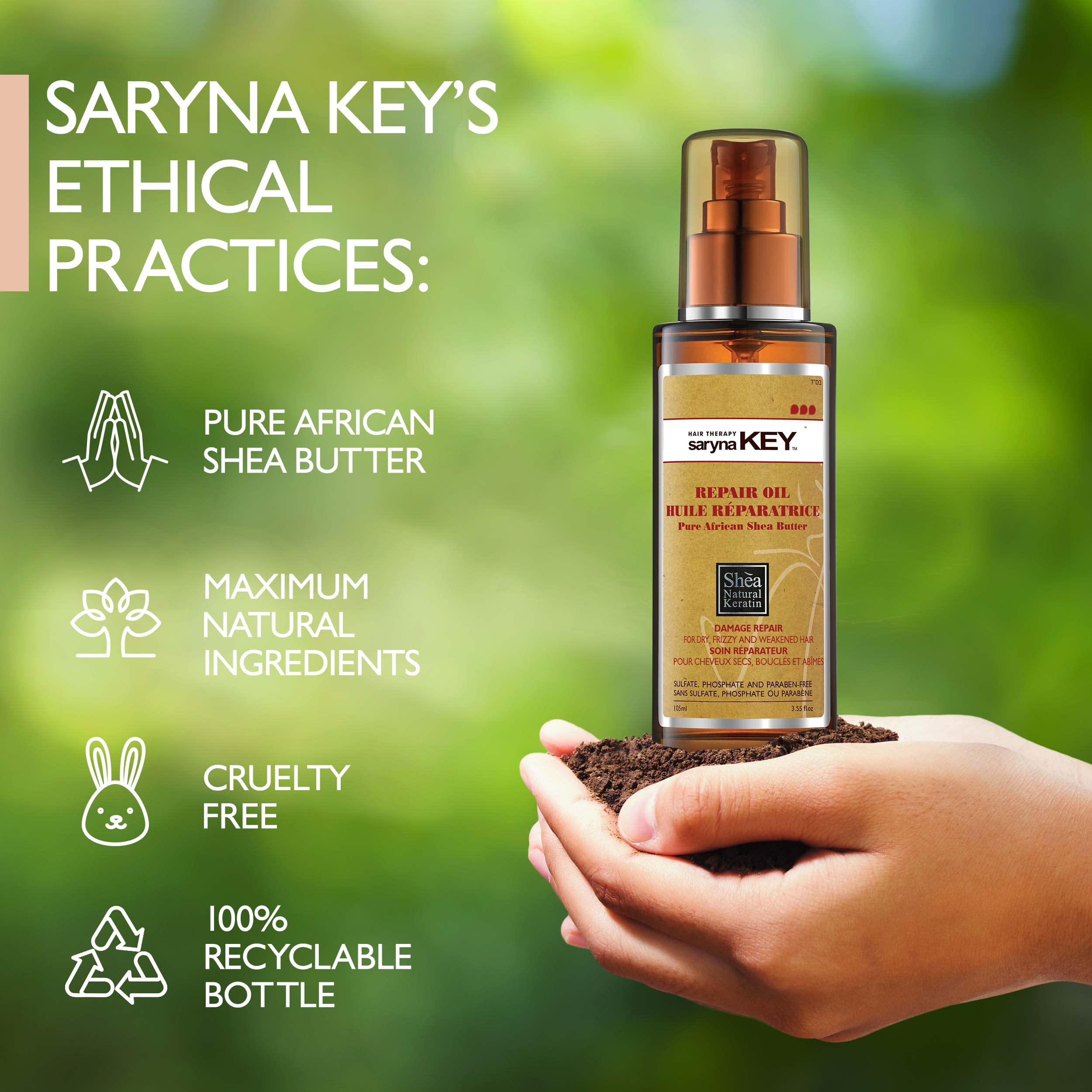 Saryna Key Repair Oil label highlighting color-safe formulation