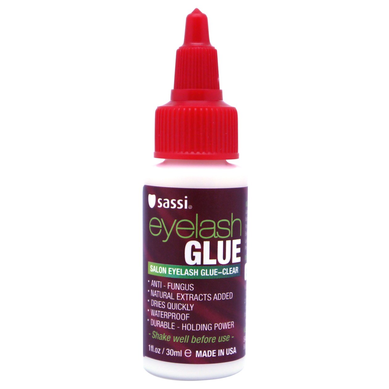 Sassi Eyelash Glue Clear 1oz bottle pour provides quick-drying, waterproof hold for lashes.