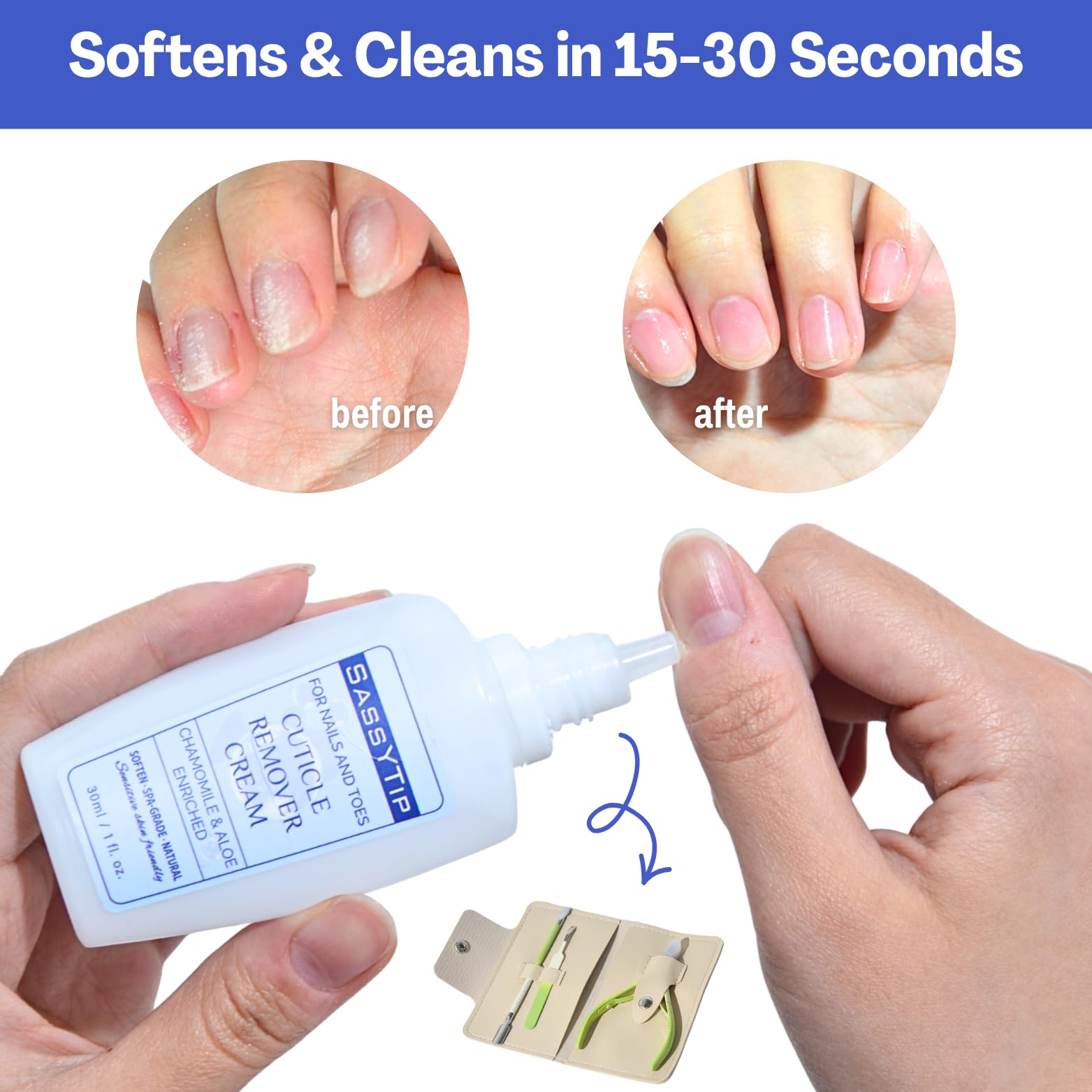 SASSYTIP Ceramic Pusher nail care session scene for delicate cuticle grooming.