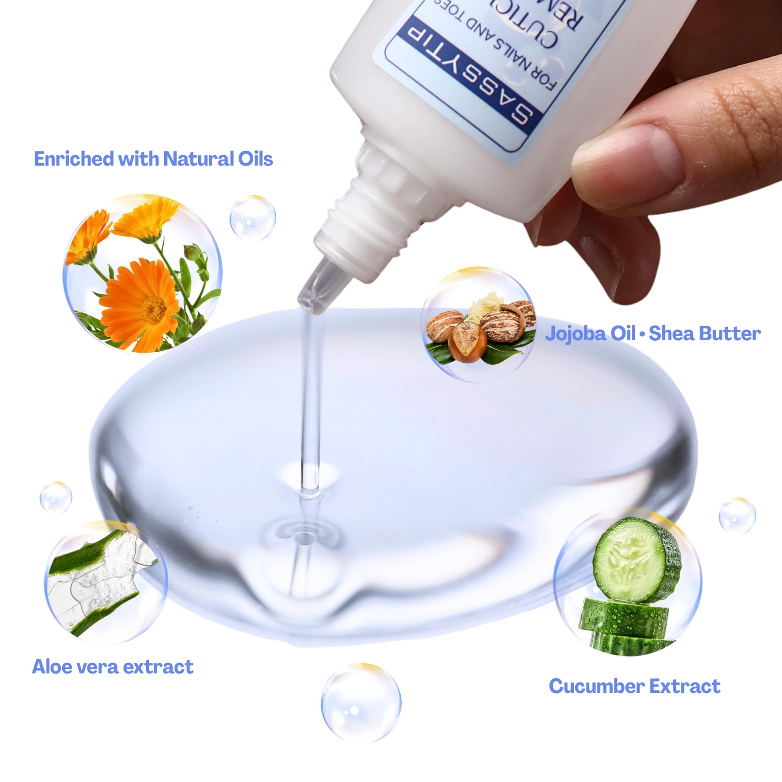 SASSYTIP Cuticle Remover Gel nail prep visual showing mess-free routine.