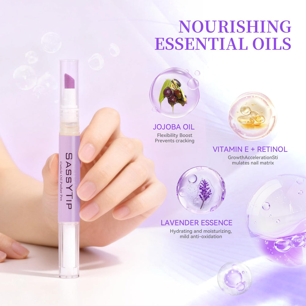 SASSYTIP cuticle remover pen tip detail showing gentle exfoliation.